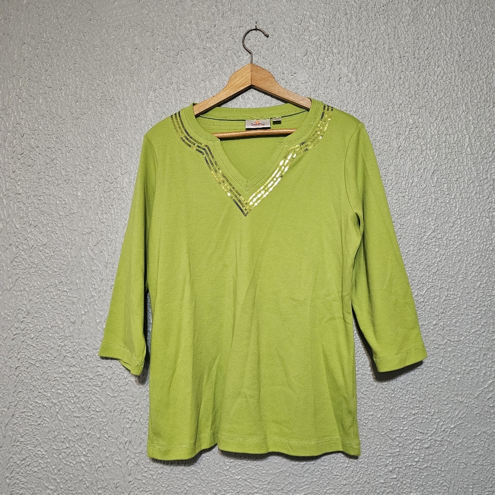 Quaker Factory Shirt Women's Size M Cotton 3/4 Length Sleeves Sequin Lined